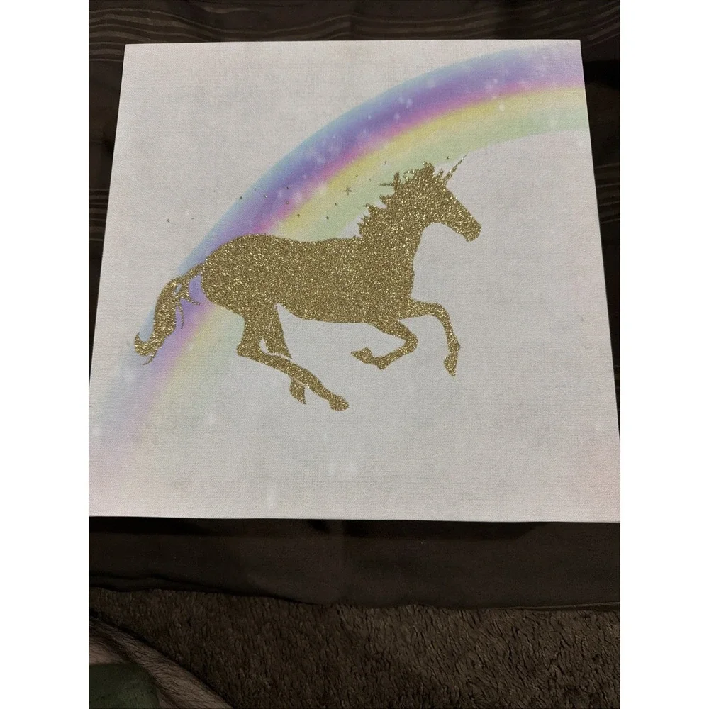 Unicorn Rainbow Glitter Canvas Wall Art Set Gold Sparkle Nursery Decor 2pc